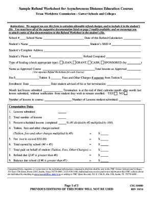 Texas Refund Worksheet for Distance Education