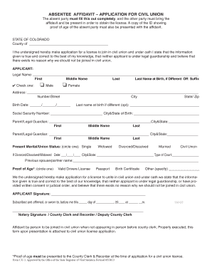 Absentee Affidavit for Civil Union Application