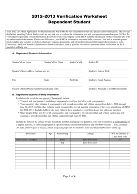 2012–2013 Verification Worksheet for Dependent Student