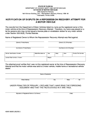 Florida Repossession Recovery Dispute Form
