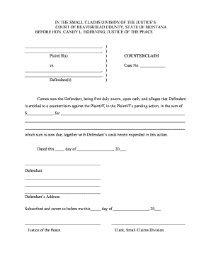 Montana Small Claims Counterclaim Form