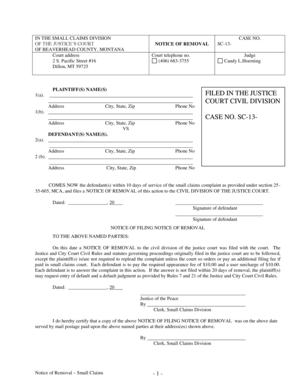 Montana Small Claims Notice of Removal