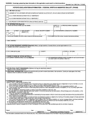 Federal Write-In Absentee Ballot Form 186A