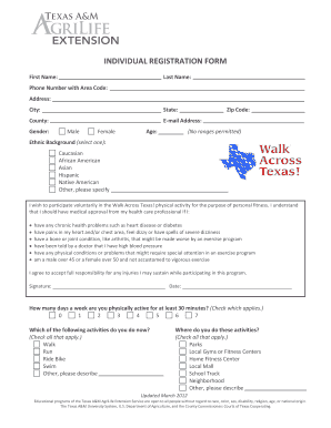 Individual Registration Form for Walk Across Texas