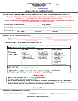 Wyoming Embossed License Plate Application
