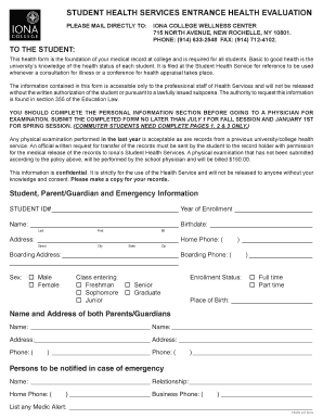 Iona College Student Health Evaluation Form