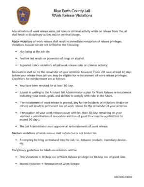 Sample write up for failure to follow instructions - Any violation of these Work Release rules Jail rules or criminal activity while out on work release status may result in disciplinary action andor criminal charges - co blue-earth mn