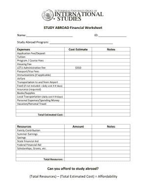 Study Abroad Financial Worksheet