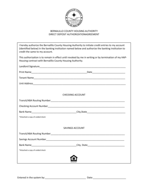 Bernalillo County Housing Authority Direct Deposit Authorization Agreement