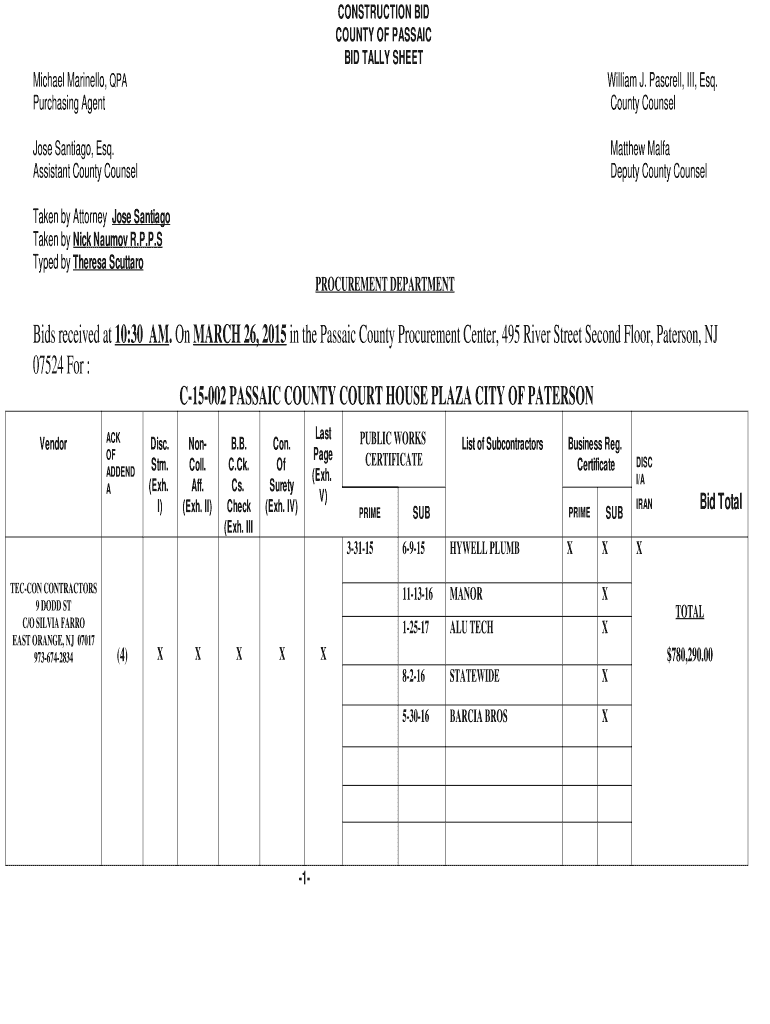 Fillable Online BID TALLY SHEET Fax Email Print - pdfFiller