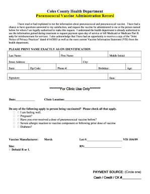 Pneumococcal Vaccine Administration Record