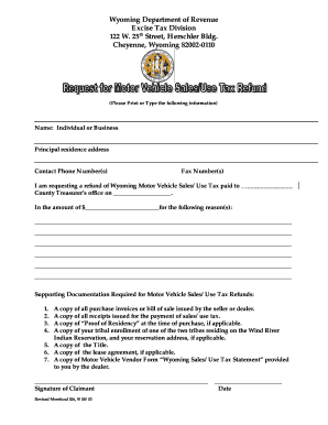 Wyoming Motor Vehicle Sales/Use Tax Refund Form