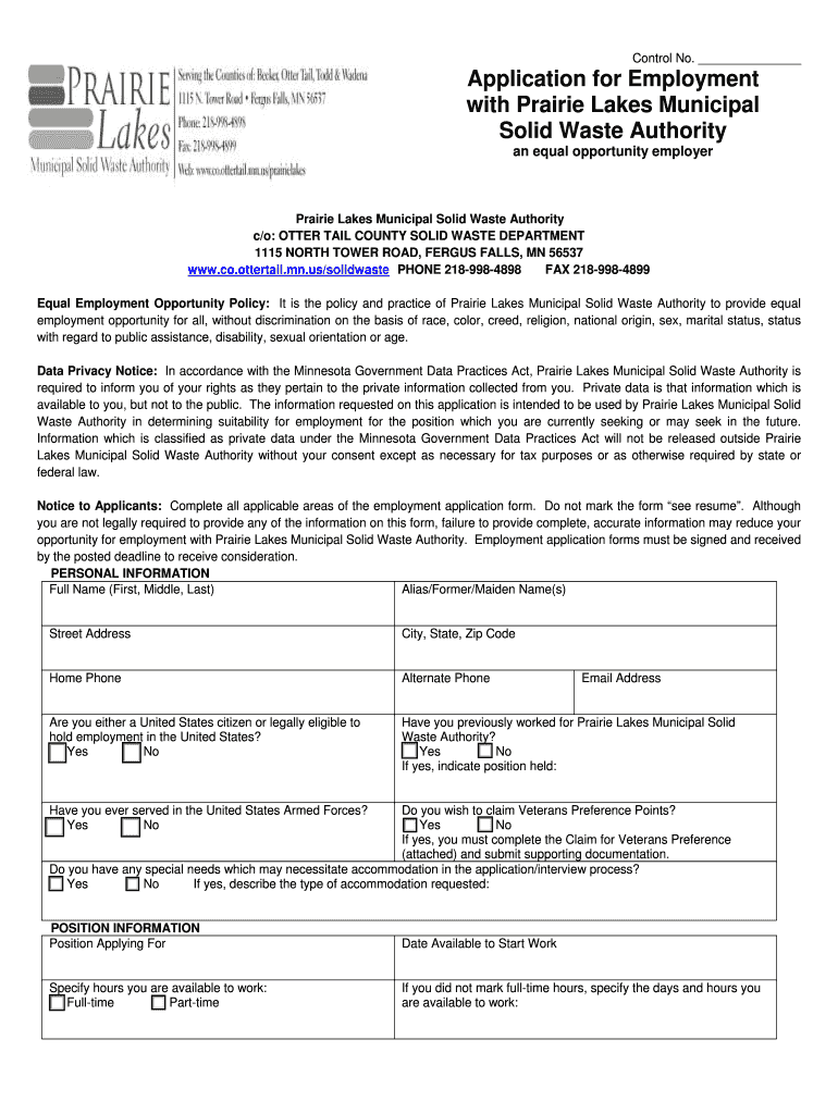 Fillable Online co ottertail mn Application for Employment with Prairie Lakes Municipal Fax