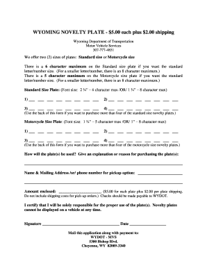 Wyoming Novelty Plate Order Form