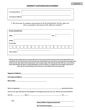 Vehicle Title Transfer Warranty and Notarization Statement