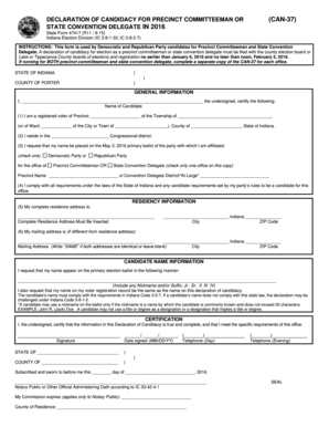 Indiana Precinct Committeeman or State Convention Delegate Candidacy Form