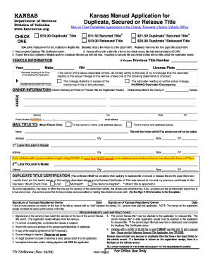 Kansas Duplicate Secured or Reissue Title Application