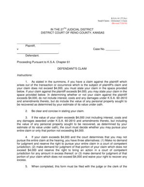 Kansas Small Claims Defendant's Claim Form