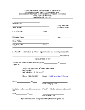 Utah Small Claims Trial Continuance Request