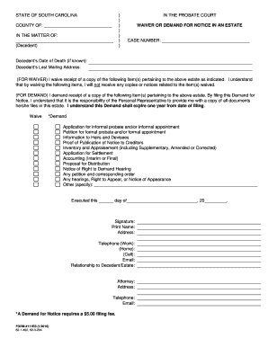 South Carolina Waiver or Demand for Notice in an Estate