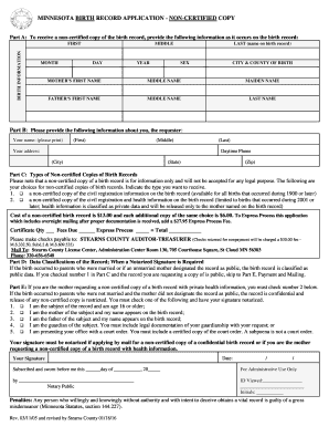 Minnesota Birth Record Application - Non-Certified Copy