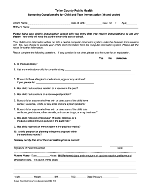 Teller County Child and Teen Immunization Screening Questionnaire