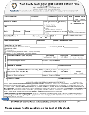 Walsh County Child Vaccine Consent Form