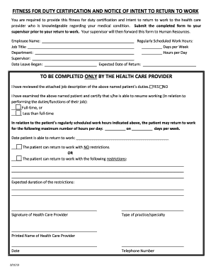 Fitness for Duty Certification and Return to Work Notice