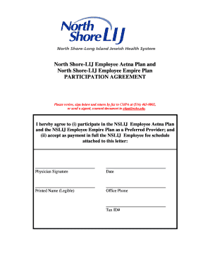North Shore-LIJ Employee Health Plan Participation Agreement