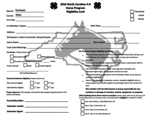 2016 North Carolina 4-H Horse Program Eligibility Card