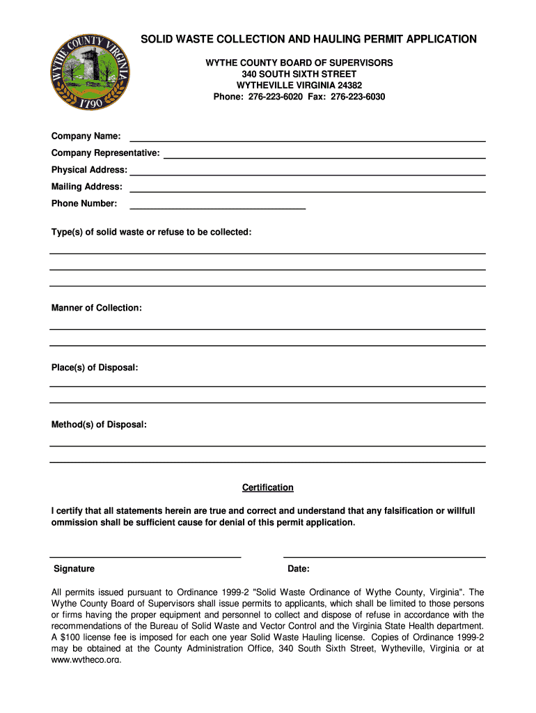 Fillable Online wytheco SOLID WASTE COLLECTION AND HAULING PERMIT