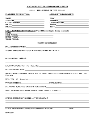 Writ of Restitution Information Sheet