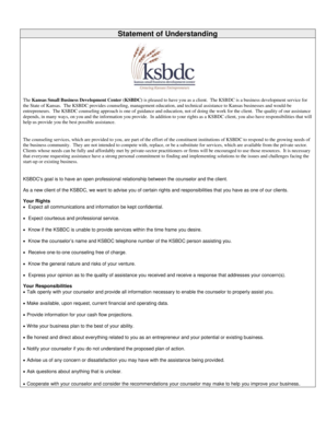Kansas Small Business Development Center Statement of Understanding