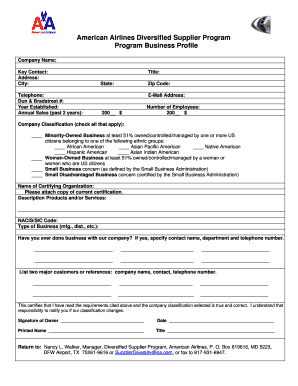 American Airlines Diversified Supplier Program Application