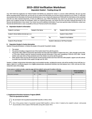 2015–2016 Verification Worksheet for Dependent Students