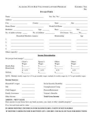 Alabama State Bar Volunteer Lawyers Program Intake Form