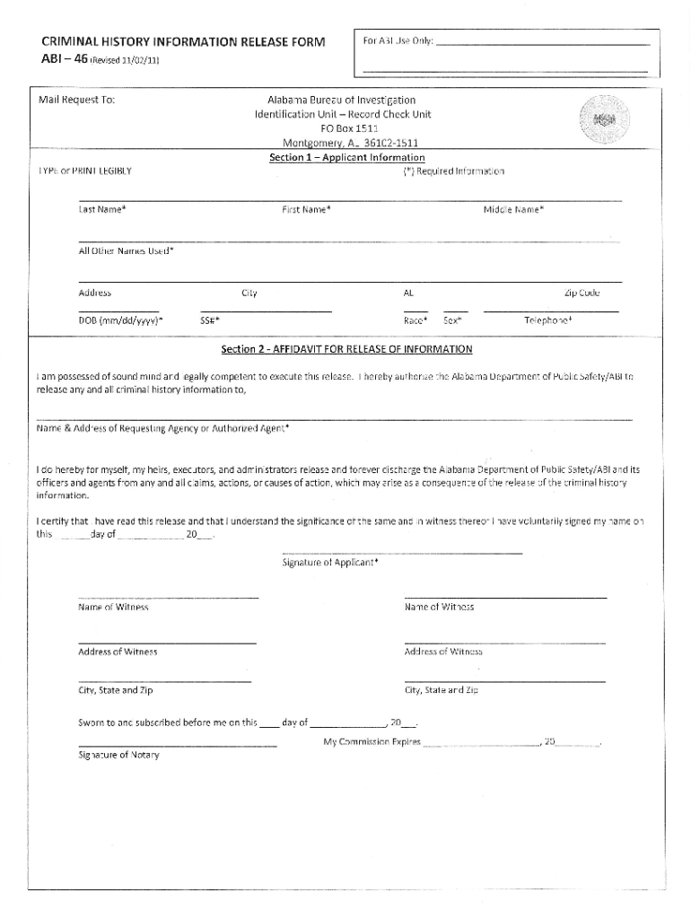 ABI-46x1112 Criminal History Information Release Form Preview on Page 1