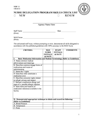 Nurse Delegation Program Skills Checklist