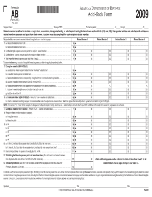 Alabama Add-Back Form 2009