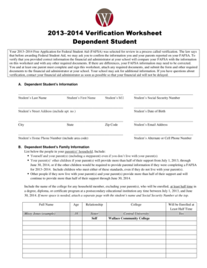 2013–2014 Verification Worksheet for Dependent Student