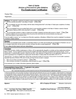 Alaska Pre-Employment Certification Form