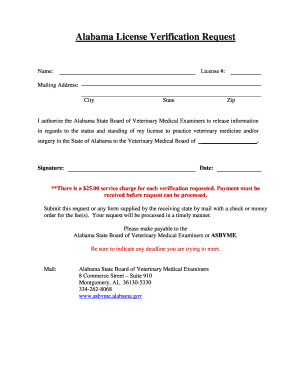 Alabama Veterinary License Verification Request