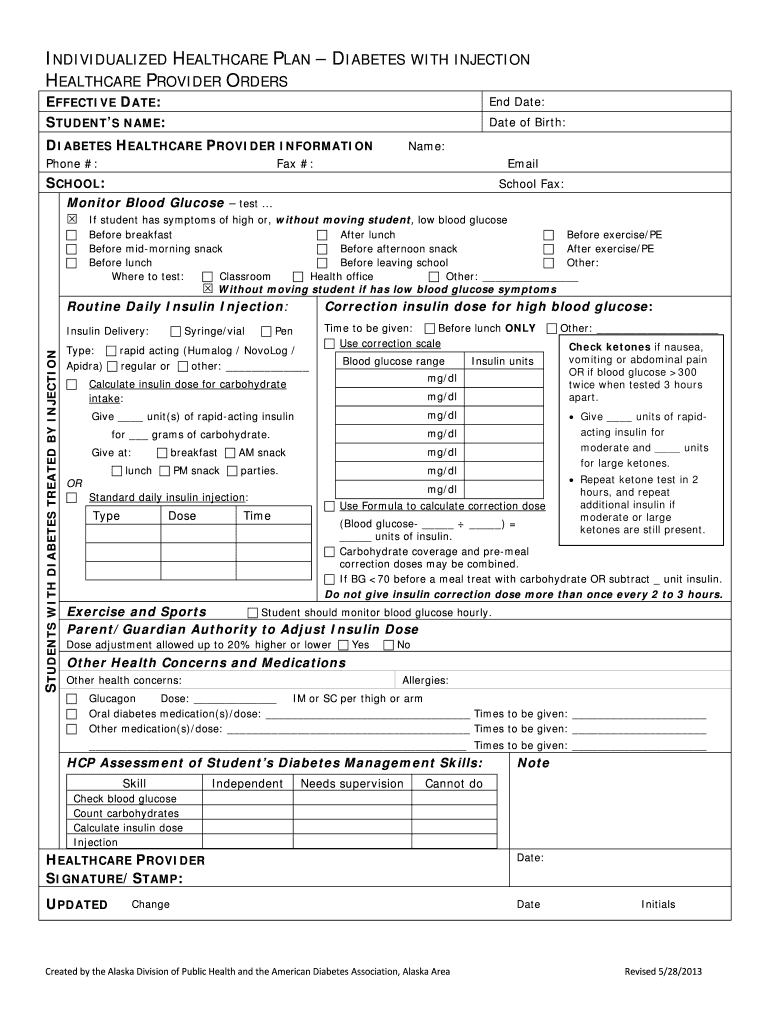 Fillable Online dhss alaska INDIVIDUALIZED HEALTHCARE PLAN DIABETES