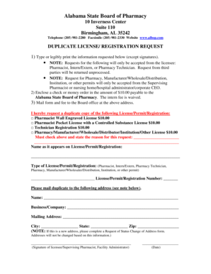 Alabama Pharmacist License Duplicate Request