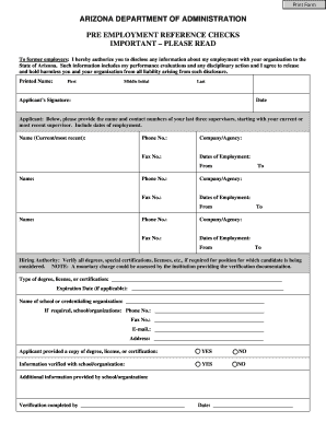Arizona Pre-Employment Reference Check Form