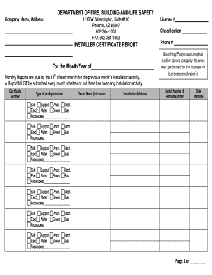 Arizona Installer Certificate Report
