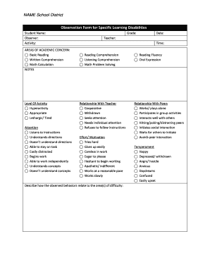 Observation Form for Specific Learning Disabilities