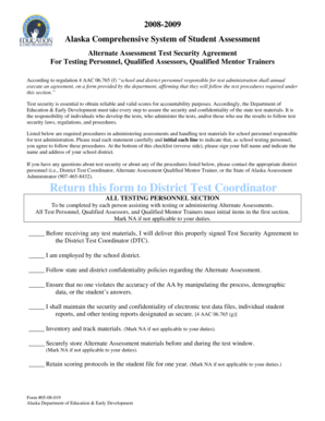 Alaska Alternate Assessment Test Security Agreement