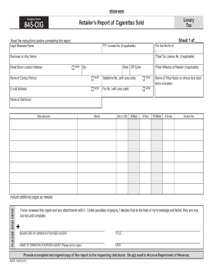 Arizona Form 845-CIG Retailer's Report of Cigarettes Sold