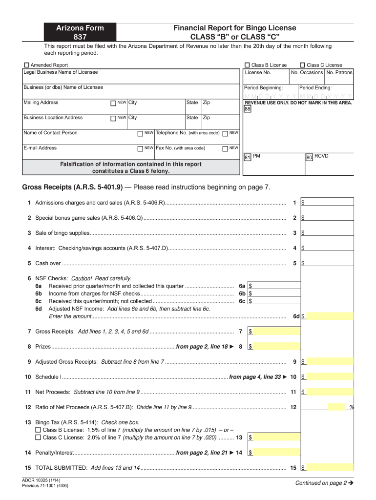 arizona bingo tax form 837 Preview on Page 1